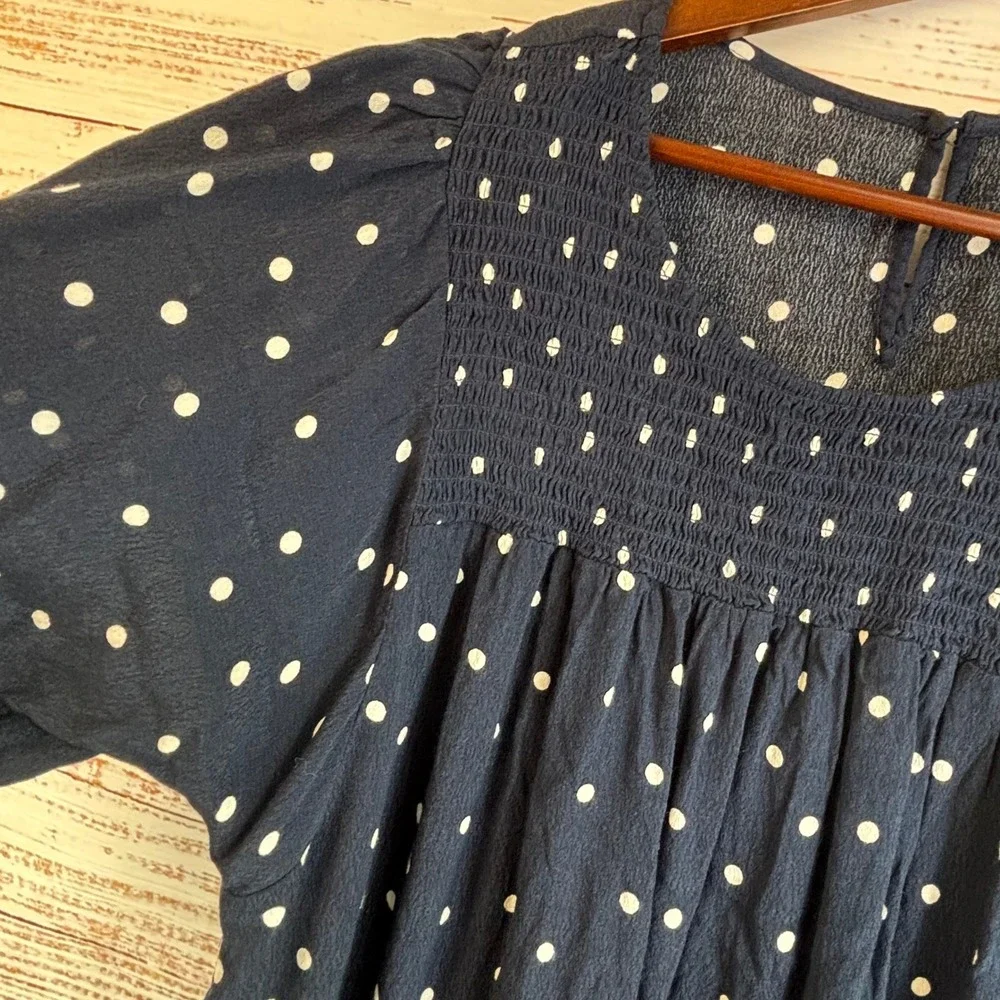 Navy Flowy Polka Dot Smocked Yoke Blouse 0X 14 Crepe Peasant Preppy Retro